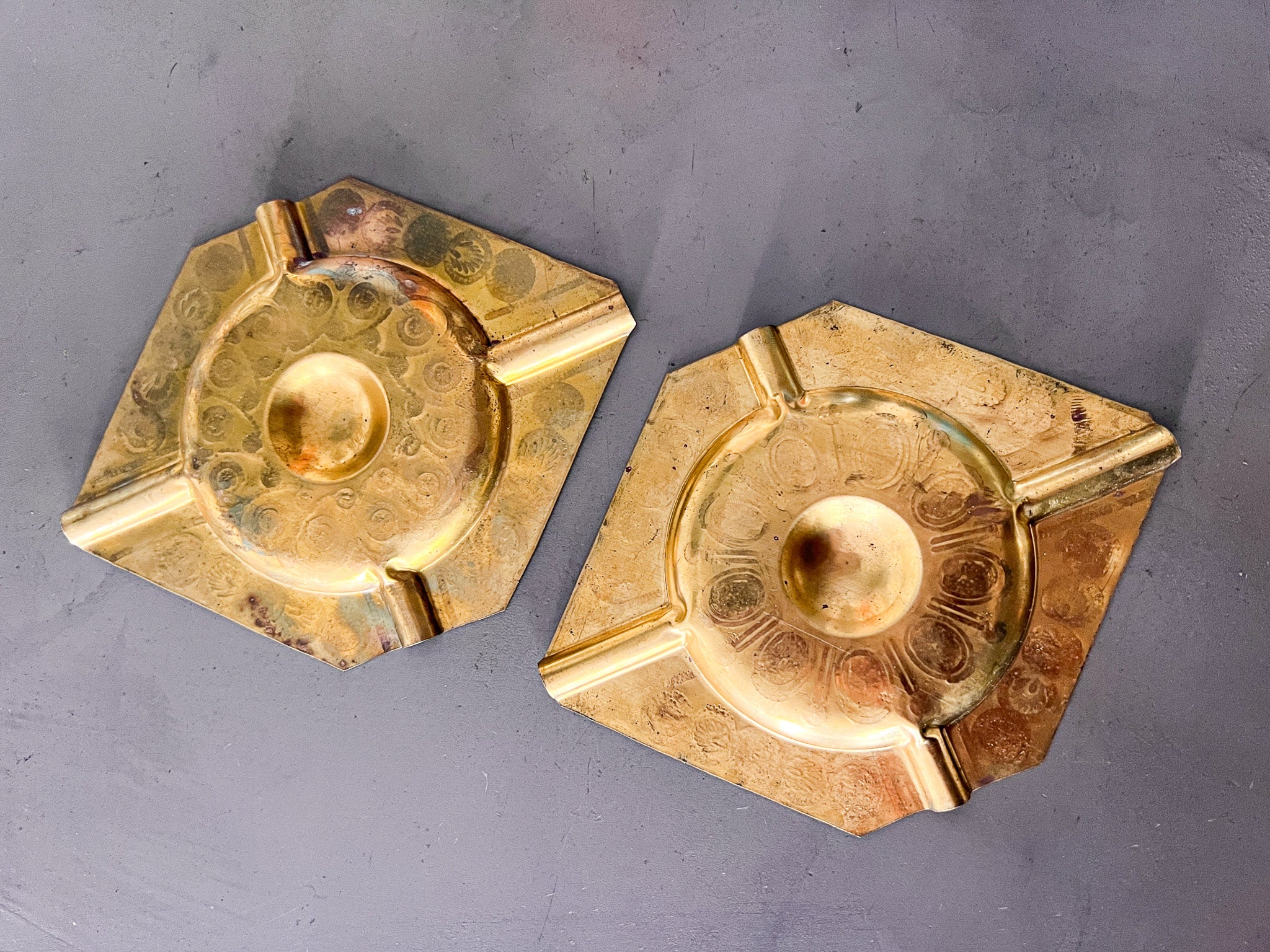 Solid Vintage Thin Etched Hammered Brass Ashtray (2 available