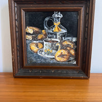 Antique Moody Food scape tile Art Still Life with hand carved wood frame (chipped on edge)