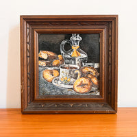 Antique tile trivet Art Still Life with hand carved wood frame (chipped on edge)