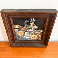 Antique tile trivet Art Still Life with hand carved wood frame (chipped on edge)