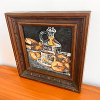 Antique tile trivet Art Still Life with hand carved wood frame (chipped on edge)