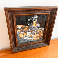 Antique tile trivet Art Still Life with hand carved wood frame (chipped on edge)