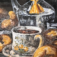 Antique tile trivet Art Still Life with hand carved wood frame (chipped on edge)