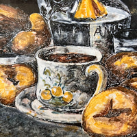 Antique tile trivet Art Still Life with hand carved wood frame (chipped on edge)