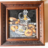 Antique tile trivet Art Still Life with hand carved wood frame (chipped on edge)