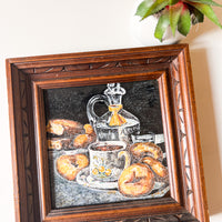 Antique tile trivet Art Still Life with hand carved wood frame (chipped on edge)