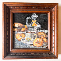 Antique tile trivet Art Still Life with hand carved wood frame (chipped on edge)