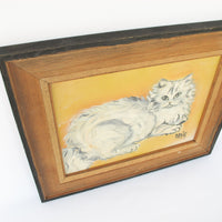 White Cat Original Oil Painting with Wood and Woven frame
