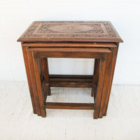 Set of 3 Teak Rosewood Nesting Brass Inlay Tables from India