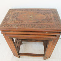 Set of 3 Teak Rosewood Nesting Brass Inlay Tables from India