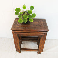 Set of 3 Teak Rosewood Nesting Brass Inlay Tables from India