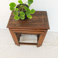 Set of 3 Teak Rosewood Nesting Brass Inlay Tables from India