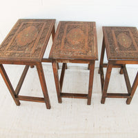 Set of 3 Teak Rosewood Nesting Brass Inlay Tables from India