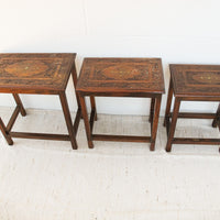 Set of 3 Teak Rosewood Nesting Brass Inlay Tables from India