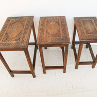 Set of 3 Teak Rosewood Nesting Brass Inlay Tables from India