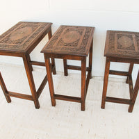 Set of 3 Teak Rosewood Nesting Brass Inlay Tables from India