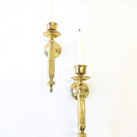 Set of 2 Two Etched Laquered Brass Wall Sconce Candle Holders - Made in India