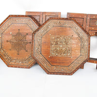 Carved Wood Hexagon Side Tables with Inlay and Fold Down Base Made in India (2 Available and Sold Individually)