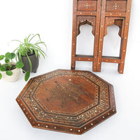 Carved Wood Hexagon Side Tables with Inlay and Fold Down Base Made in India (2 Available and Sold Individually)