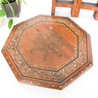 Carved Wood Hexagon Side Tables with Inlay and Fold Down Base Made in India (2 Available and Sold Individually)