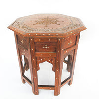 Carved Wood Hexagon Side Tables with Inlay and Fold Down Base Made in India (2 Available and Sold Individually)
