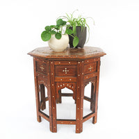 Carved Wood Hexagon Side Tables with Inlay and Fold Down Base Made in India (2 Available and Sold Individually)