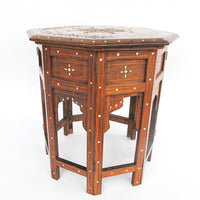 Carved Wood Hexagon Side Tables with Inlay and Fold Down Base Made in India (2 Available and Sold Individually)