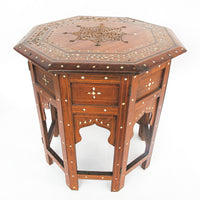 Carved Wood Hexagon Side Tables with Inlay and Fold Down Base Made in India (2 Available and Sold Individually)