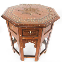 Carved Wood Hexagon Side Tables with Inlay and Fold Down Base Made in India (2 Available and Sold Individually)