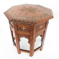 Carved Wood Hexagon Side Tables with Inlay and Fold Down Base Made in India (2 Available and Sold Individually)