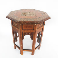 Carved Wood Hexagon Side Tables with Inlay and Fold Down Base Made in India (2 Available and Sold Individually)