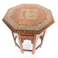 Carved Wood Hexagon Side Tables with Inlay and Fold Down Base Made in India (2 Available and Sold Individually)