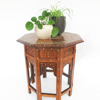 Carved Wood Hexagon Side Tables with Inlay and Fold Down Base Made in India (2 Available and Sold Individually)