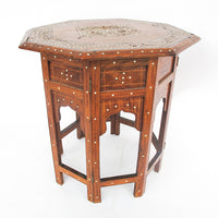 Carved Wood Hexagon Side Tables with Inlay and Fold Down Base Made in India (2 Available and Sold Individually)
