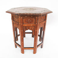 Carved Wood Hexagon Side Tables with Inlay and Fold Down Base Made in India (2 Available and Sold Individually)