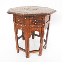 Carved Wood Hexagon Side Tables with Inlay and Fold Down Base Made in India (2 Available and Sold Individually)