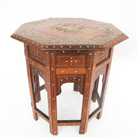 Carved Wood Hexagon Side Tables with Inlay and Fold Down Base Made in India (2 Available and Sold Individually)