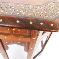 Carved Wood Hexagon Side Tables with Inlay and Fold Down Base Made in India (2 Available and Sold Individually)