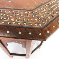 Carved Wood Hexagon Side Tables with Inlay and Fold Down Base Made in India (2 Available and Sold Individually)