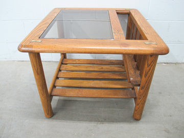 Vintage Oak End Table with Magazine Rack and Glass Top