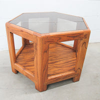 Midcentury Hexagon Table with Frosted Black Glass