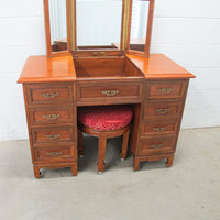 Solid Teak Art Deco Midcentury Bedside Tables Headboard Mirrored Vanity w/Stool (Each Sold Separately)