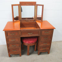 Solid Teak Art Deco Midcentury Bedside Tables Headboard Mirrored Vanity w/Stool (Each Sold Separately)