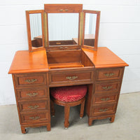 Solid Teak Art Deco Midcentury Bedside Tables Headboard Mirrored Vanity w/Stool (Each Sold Separately)
