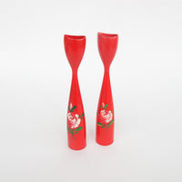 Set of 2 Midcentury Red Candlesticks with Floral painted detailing - Marked Denmark