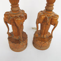 Set of 2 Wood Carved Elephant Base Lamps