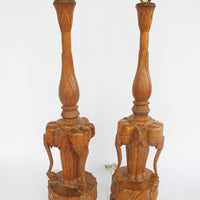Set of 2 Wood Carved Elephant Base Lamps