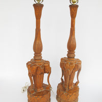 Set of 2 Wood Carved Elephant Base Lamps