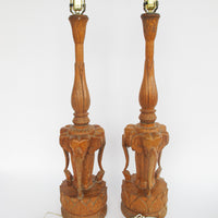 Set of 2 Wood Carved Elephant Base Lamps