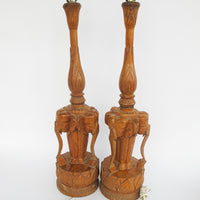 Set of 2 Wood Carved Elephant Base Lamps